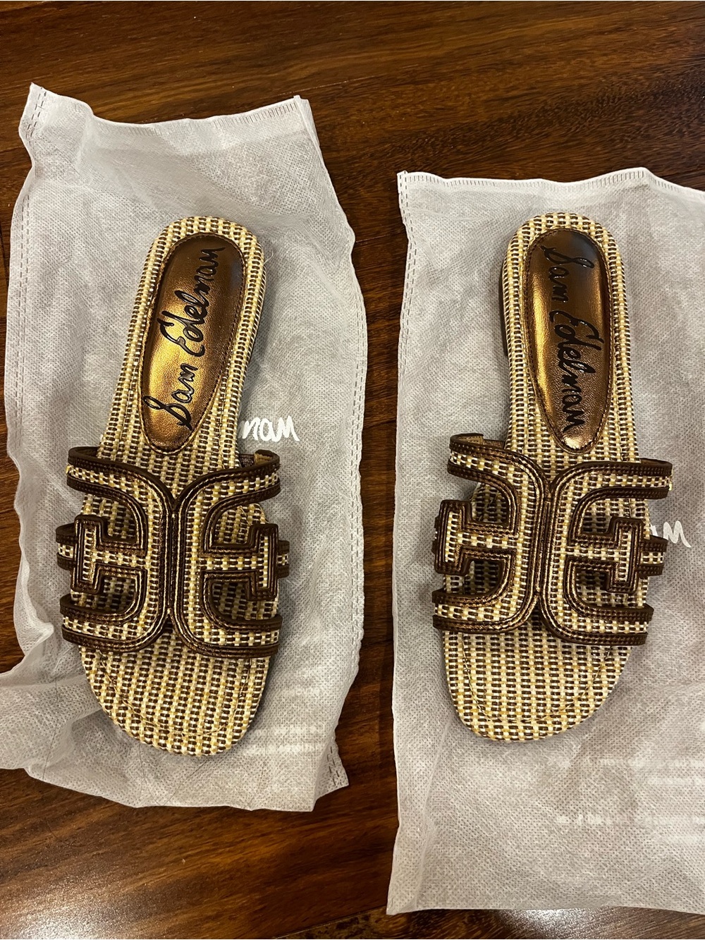 Sam Edelman Brown & Gold Woven Slide Mules